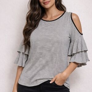 LOFT Black and White Striped Ruffle Sleeve Blouse